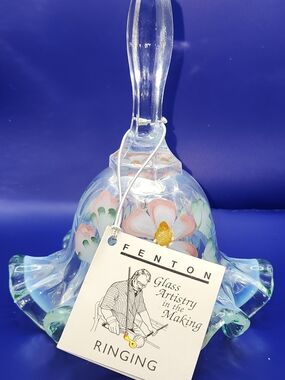 Fenton Hand-Painted Clear Glass Bell with Pink and Green Floral Accents